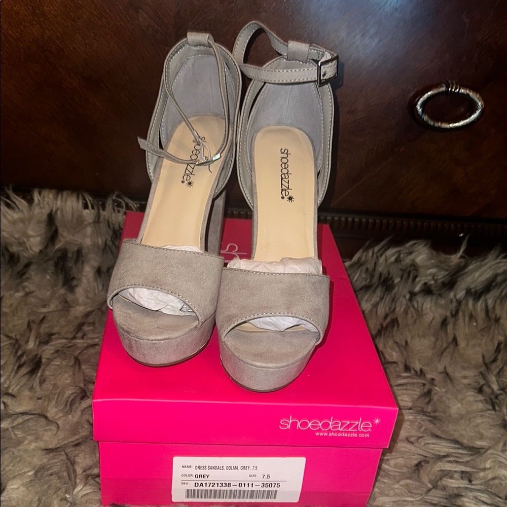 Shoe Dazzle Gray Chunky Heel Ankle-Strap Heels